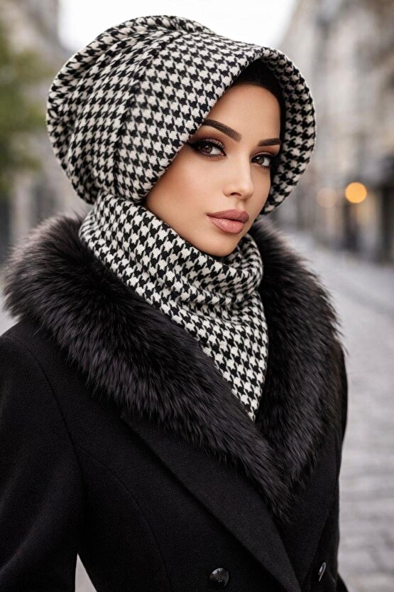 Siyah Kazayağı Kaşe Şapkalı Bone Ve Etol Takım