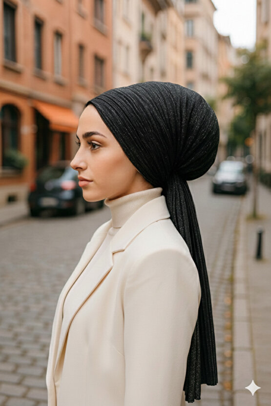 Siyah Gümüş Işıltılı Eşarp Bone