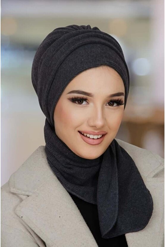 Antrasit Triko Atkılı Tesettür Bone
