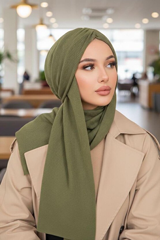 Haki Triko Kelebek Model Büzgülü Bone Şal