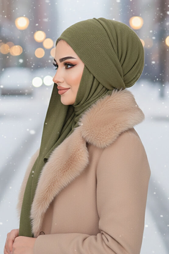 Haki Triko Kelebek Bone Şal