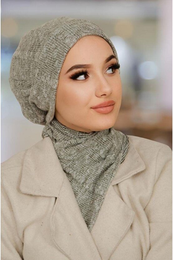 Gri Triko Desen Tesettür Bere Ve Etol Takım