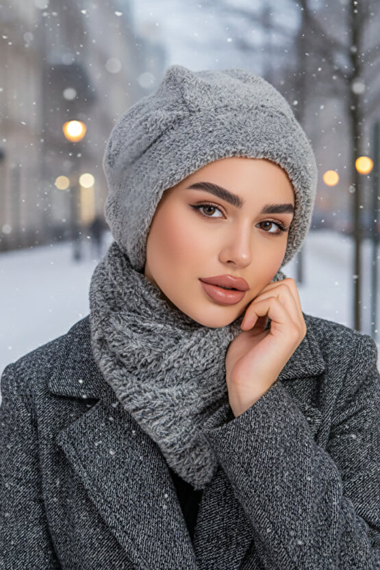 Gri Melanj Welsoft Etol ve Tesettür Bere Takım