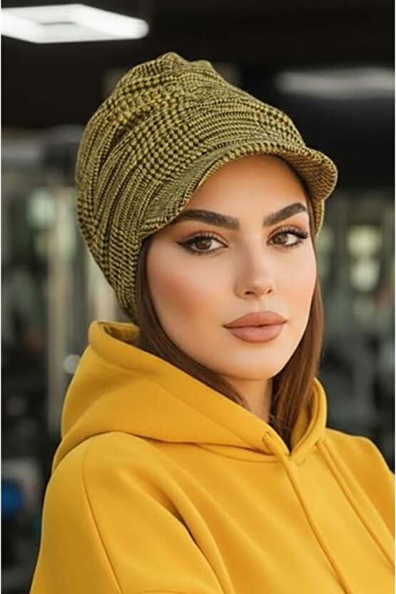 Hardal Siyah Ekose Desen Tesettür Şapka