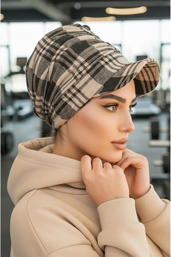 Vizon Siyah Ekose Desen Tesettür Şapka