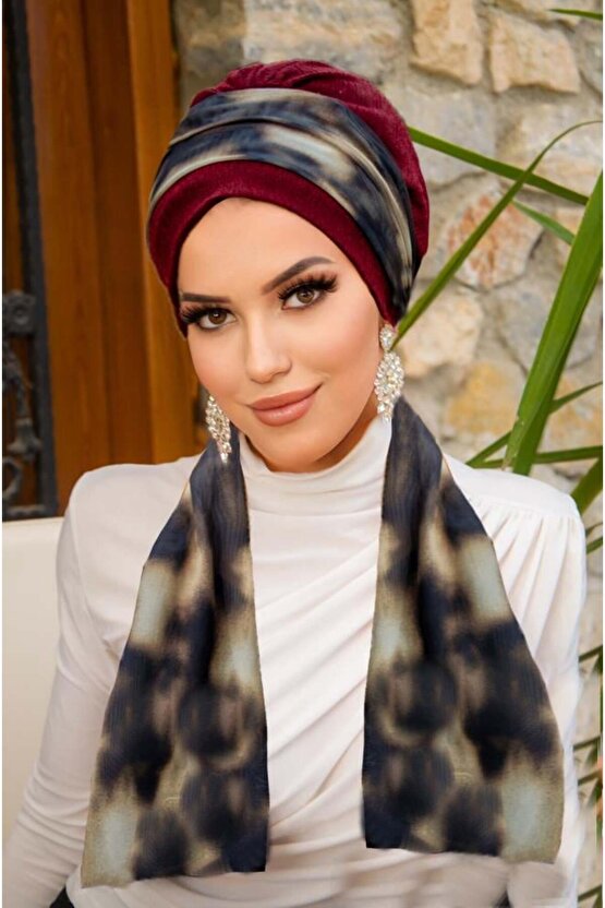 Bordo Kahve Batik Desen Fularlı Bone