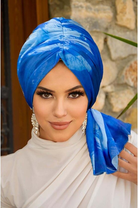 Mavi Batik Desen Tül Tokalı Bone