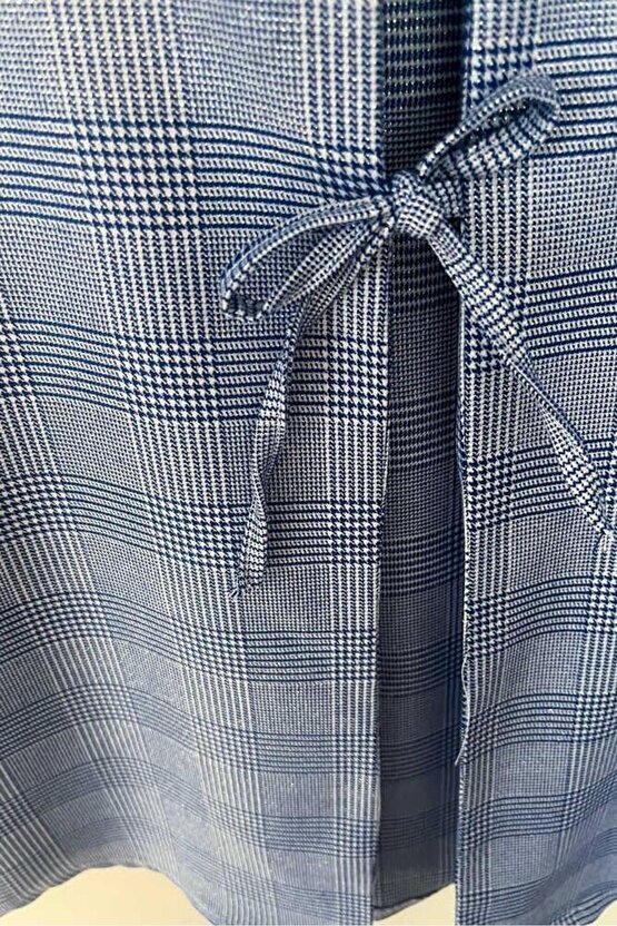 Mavi Ekose Önü Bağlamalı Kimono Tunik  85 CM BOY