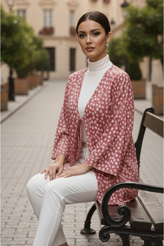 Pudra Çiçekli Önü Bağlamalı Kimono Tunik  Ütü İstemez 85 CM BOY