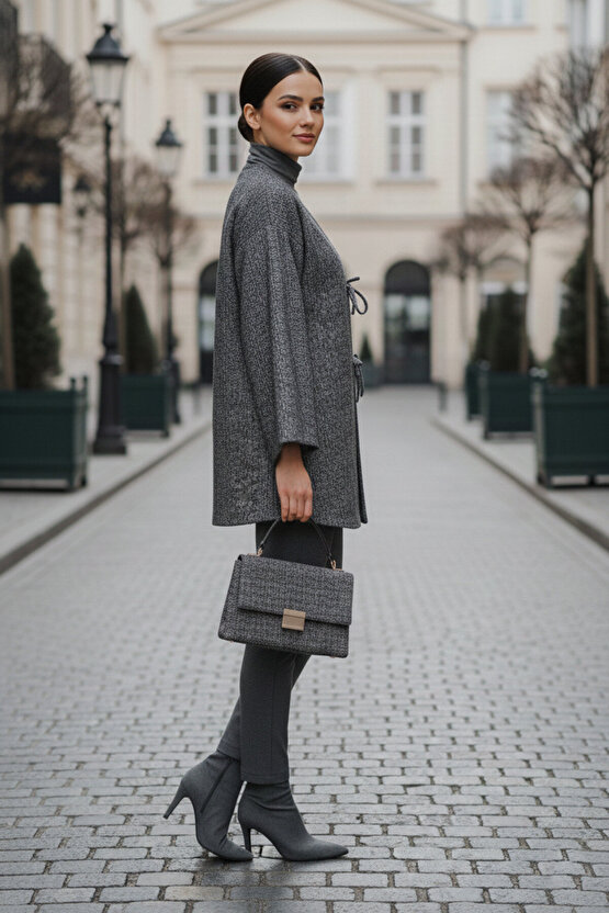 Antrasit Kırçıllı Önü Bağlamalı Kimono Tunik  Likralı Ütü İstemez Kumaş