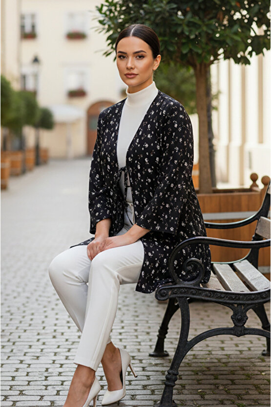 Siyah Çiçekli Önü Bağlamalı Kimono Tunik  Likralı Yazlık Kumaş