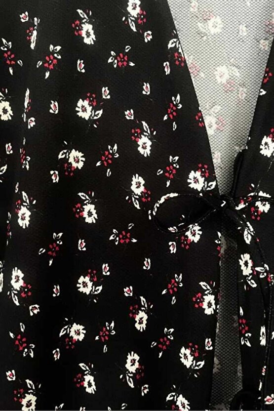 Siyah Çiçekli Önü Bağlamalı Kimono Tunik  Likralı Yazlık Kumaş