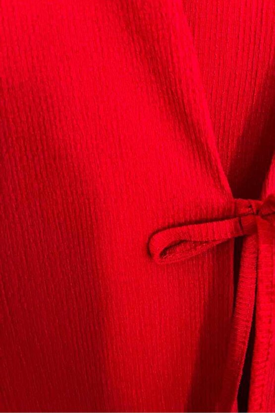 Kırmızı Önü Bağlamalı Kimono Tunik  Likralı Bürümcük Kumaş