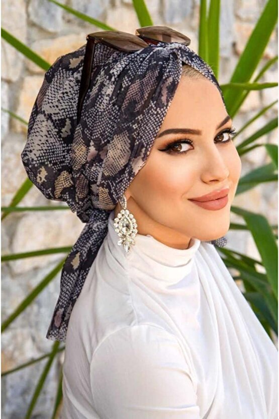 Gri Yılan Derisi Desen Tül Tokalı Bone