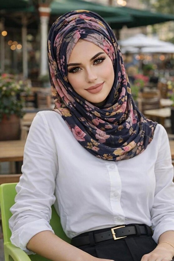 Siyah Çiçek Desen Hazır Şal