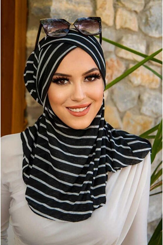 Siyah Çizgi Desenli Çapraz Bantı Medium Size - Hazır Şal