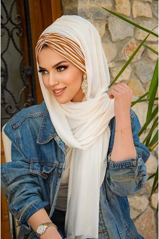 Kırık Beyaz Taba Çizgili Hazır Şal