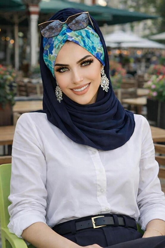 Lacivert Turkuaz Çiçek Desen Hazır Şal