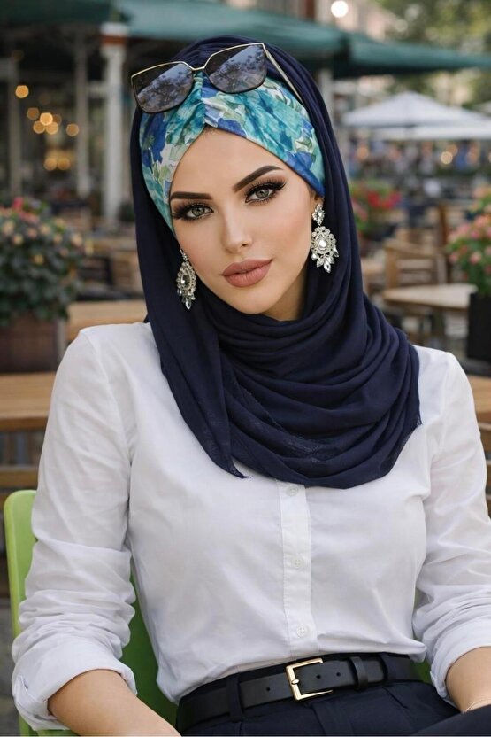 Lacivert Turkuaz Çiçek Desen Hazır Şal