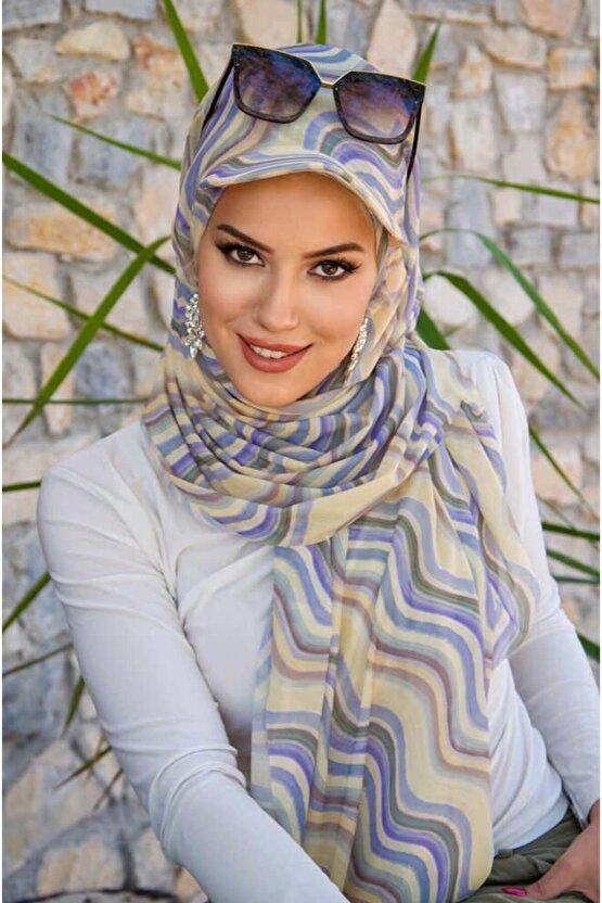 Soft Tonlar Geometrik Desen Kepli Bandana Şapka Şal