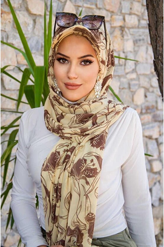 Uçuk Sarı kahve Desen Kepli Bandana Şapka Şal