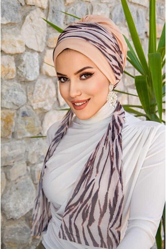 Bej Zebra Desen Fularlı Bone