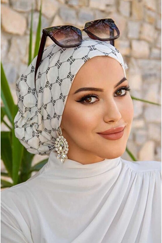 Beyaz Yazı Desen Çağla Hazır Türban
