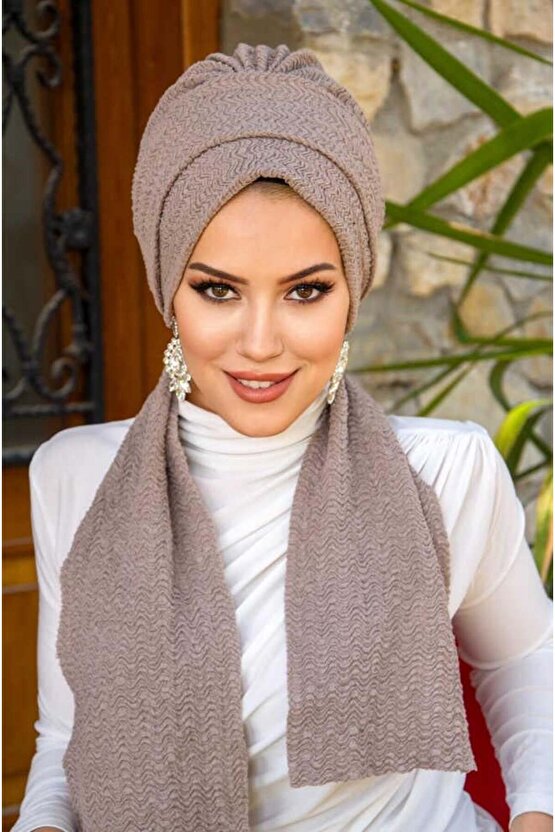 Taş Rengi Piliseli Atkılı Bone