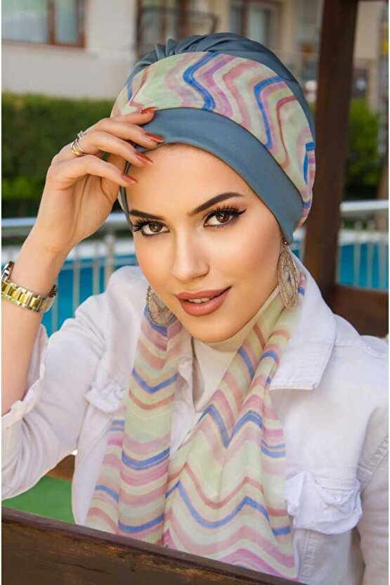 İndigo Geometrik Desen Fularlı Bone