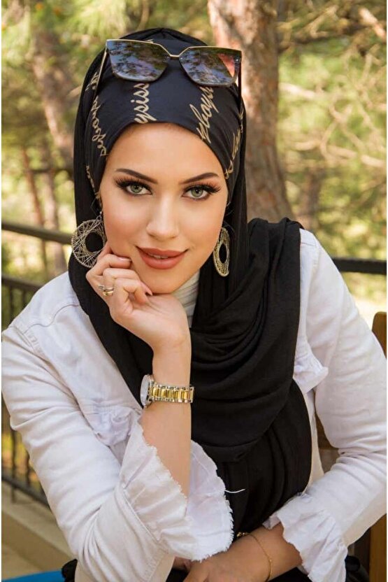 Siyah Yazı Desen Bone Hazır Şal