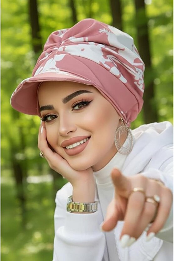 Koyu Pudra Beyaz Desen Bantlı Şapka Bone