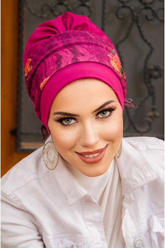 Fuşya Çiçek Desen Bantlı Bone