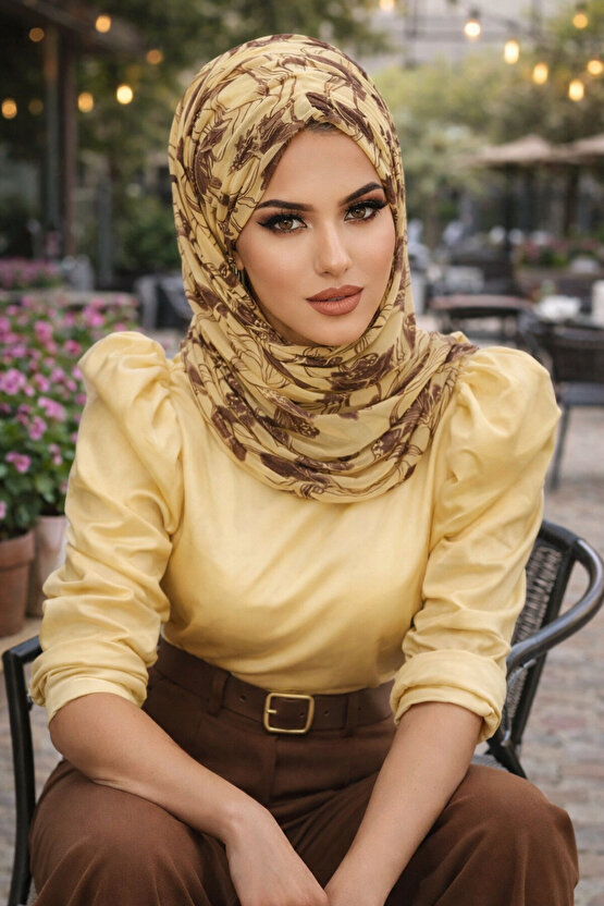 Uçuk Sarı Kahve Çiçek Desen Hazır Şal