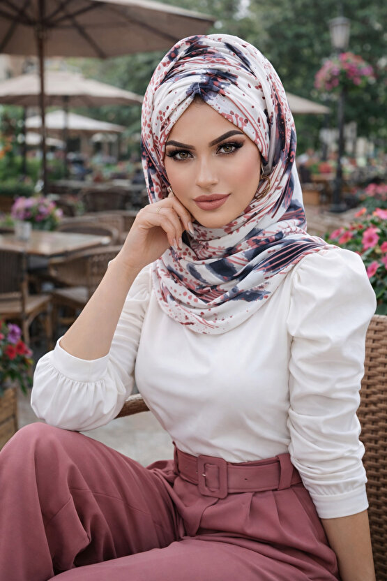 Beyaz Pudra Retro Desen Hazır Şal