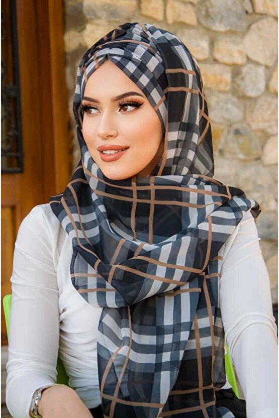 Siyah Bej Ekose Desen Hazır Şal