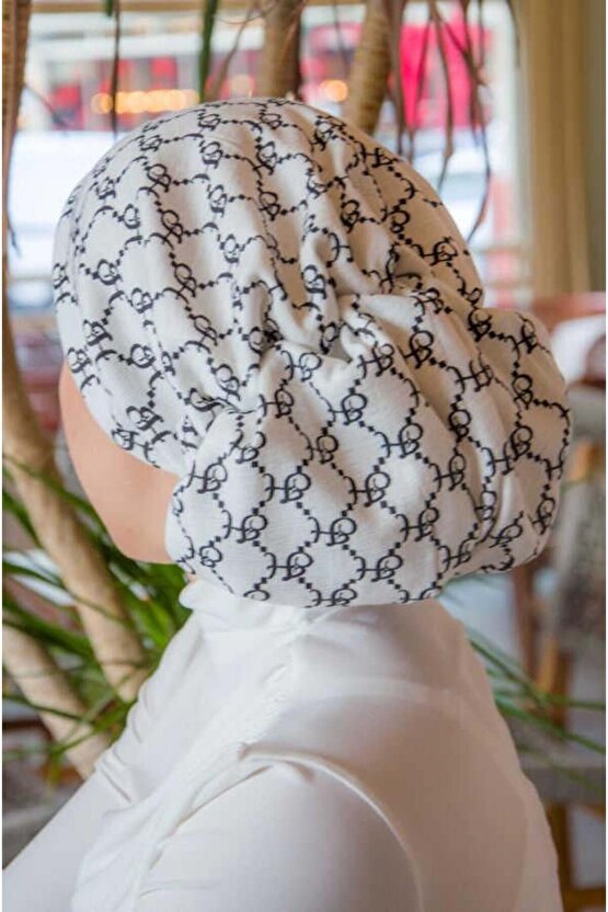 Beyaz Hat Desen Çağla Hazır Türban