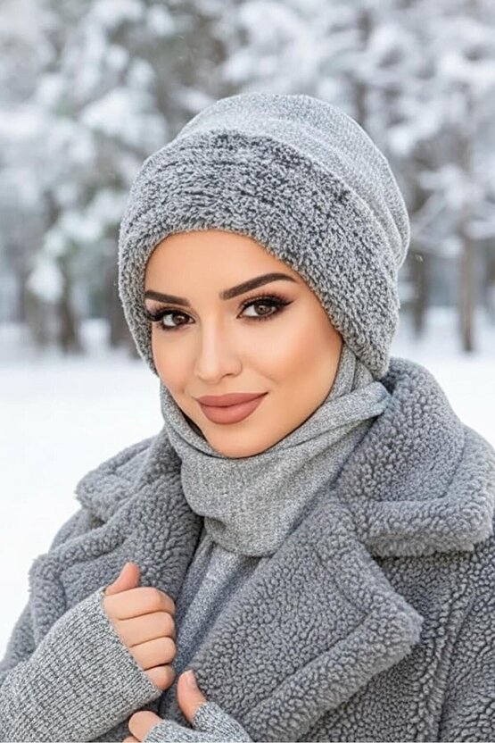 Gri Kürk Aksesuarlı Maskeli Tesettür Bere