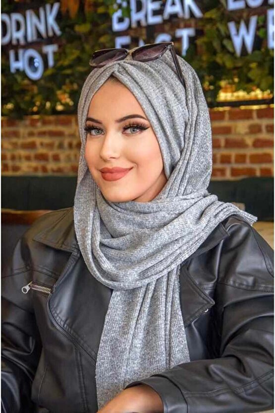 Gri Triko Büzgülü Hazır Şal