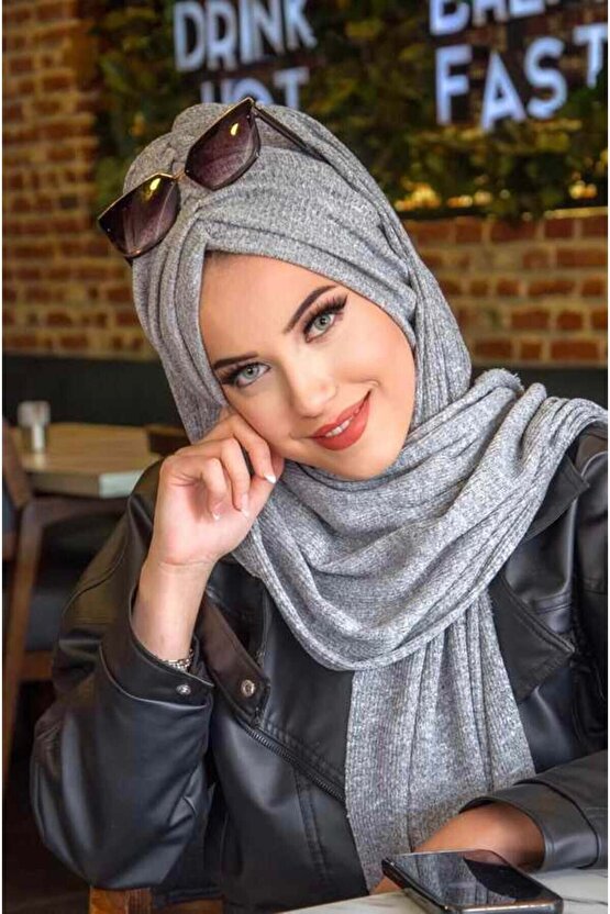 Gri Triko Büzgülü Hazır Şal