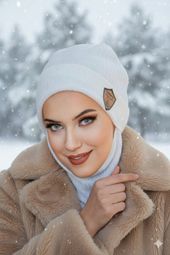 Kırık Beyaz Fitilli Armalı Maskeli Bere