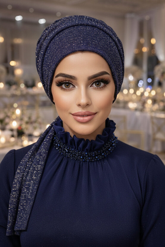 Lacivert Gold Işıltılı Atkılı Tesettür Bone