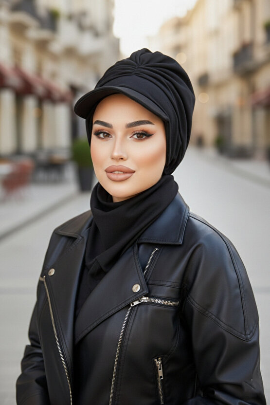 Siyah Büzgülü Tesettür Şapka