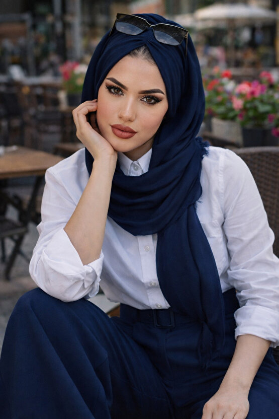 Lacivert Büzgülü Hazır Şal