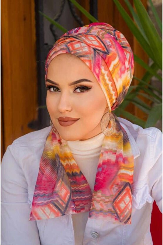 Kahve Turuncu Etnik Desenli Atkılı Bone