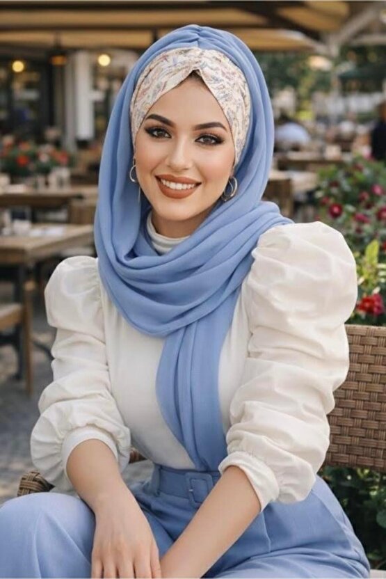 İndigo Ekru Etnik Desenli Hazır Şal