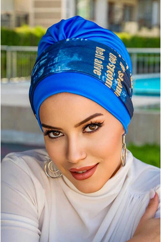 İndigo Mavi Puan Desen Bantlı Bone