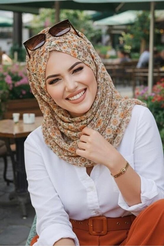 Vizon Bej Çiçek Desenli Hazır Şifon Şal
