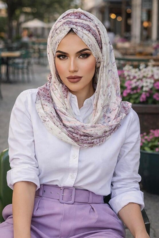 Mürdüm Ekru Desenli Hazır Şifon Şal