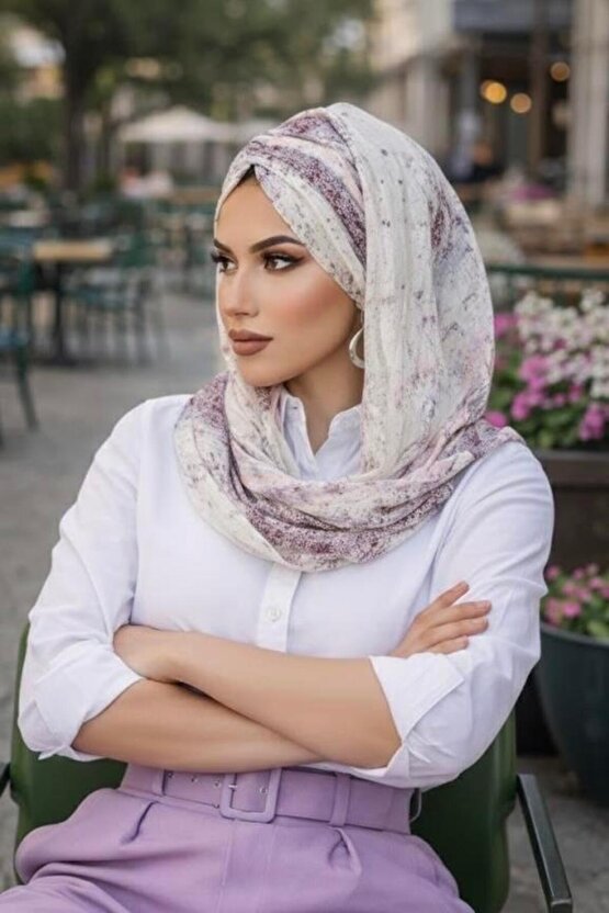 Mürdüm Ekru Desenli Hazır Şifon Şal