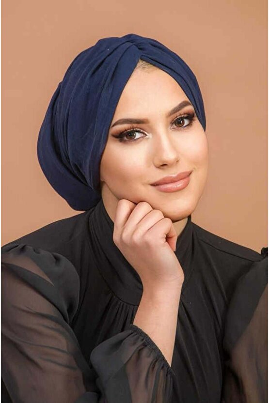 Lacivert Kelebek Model Büzgülü Bone Şal